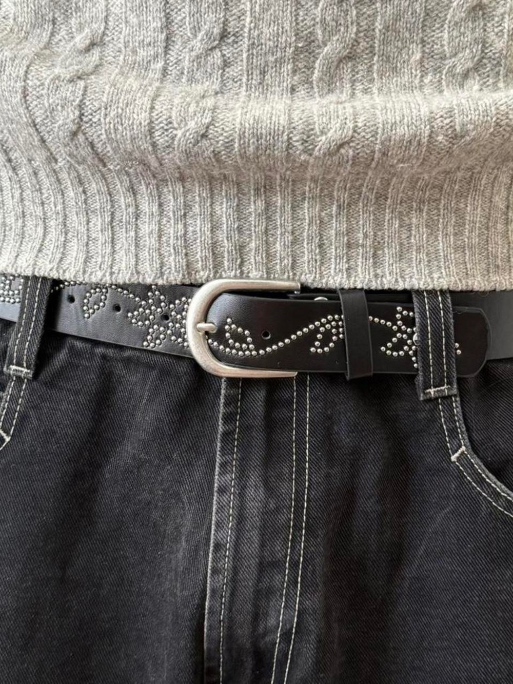 Studded Black Leather Belt with Silver Buckle